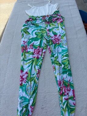 White Floral Paperbag Waist Jumpsuit with Pink & Green Tropical Print